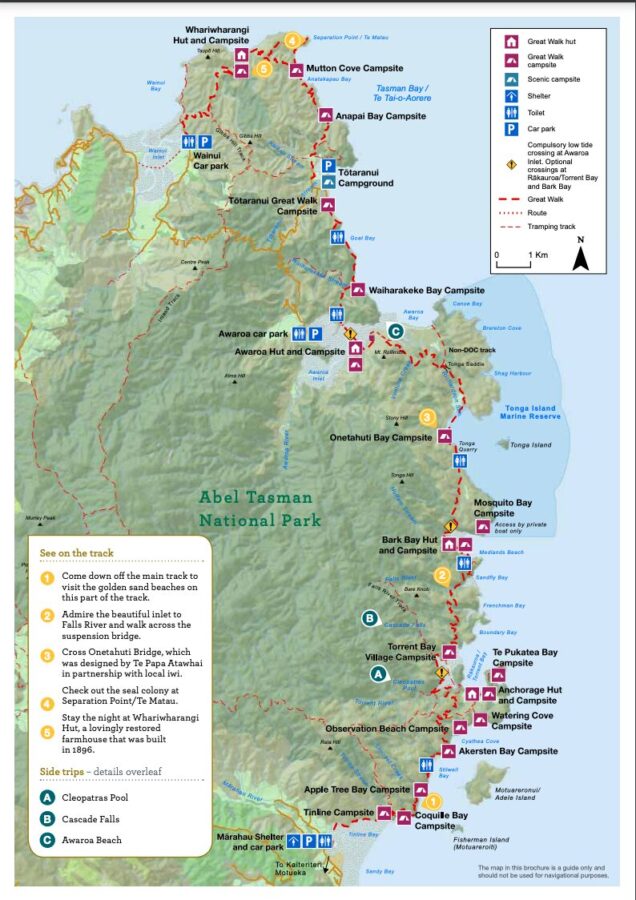 A Department of Conservation map of the Abel Tasman Track in New Zealand.